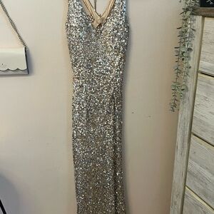 Sequin V-Neck Floor-Length Gown in Champagne